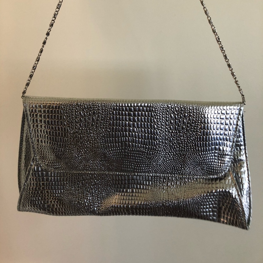 Silver Clutch Purse with Short Chain